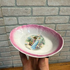 Vintage Porcelain Pink-Shaded Oval Dish With Romantic Scene Scalloped Edges As-Is