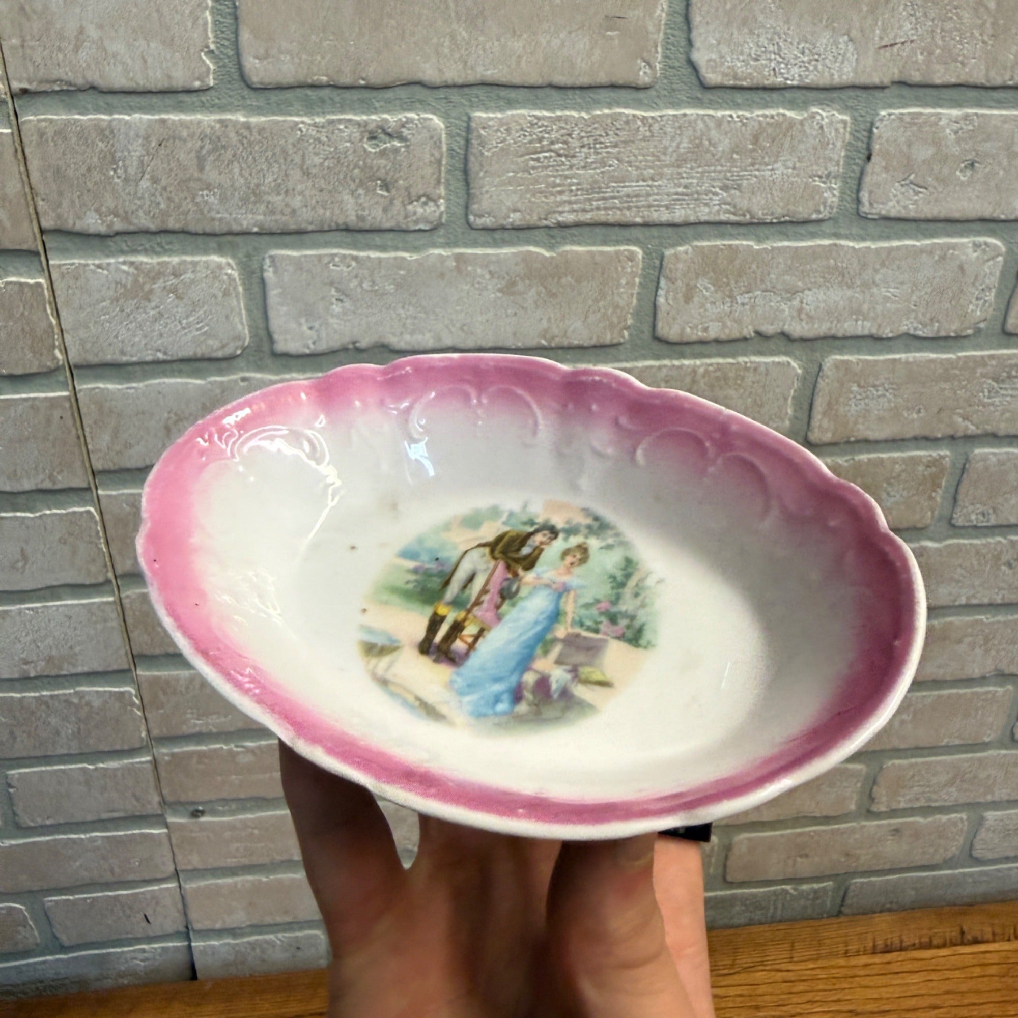 Vintage Porcelain Pink-Shaded Oval Dish With Romantic Scene Scalloped Edges As-Is