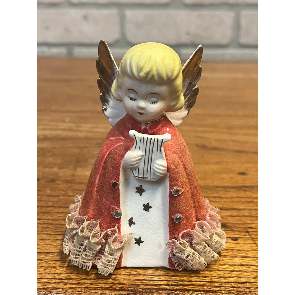 Vintage MCM Japan Ceramic Flocked Robe Christmas Angel w/ Lace - 4" Tall