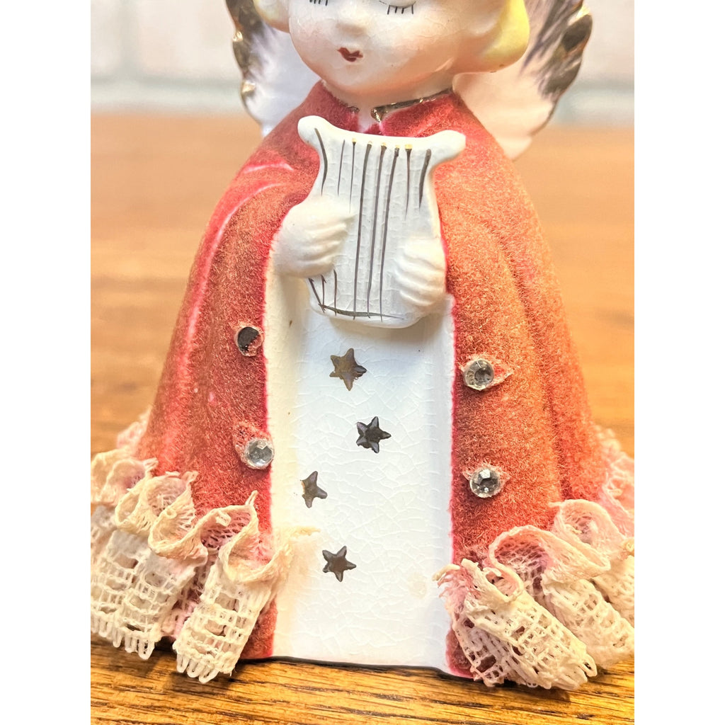 Vintage MCM Japan Ceramic Flocked Robe Christmas Angel w/ Lace - 4" Tall