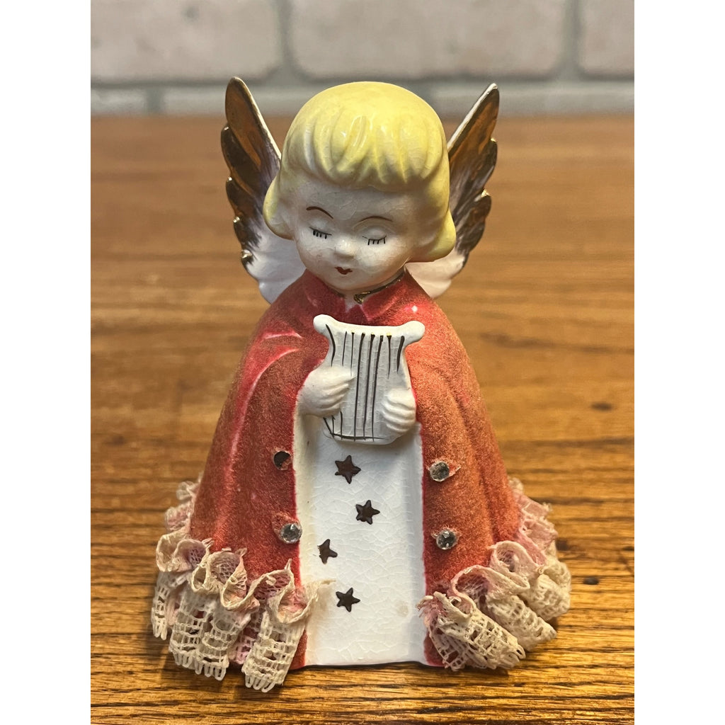 Vintage MCM Japan Ceramic Flocked Robe Christmas Angel w/ Lace - 4" Tall