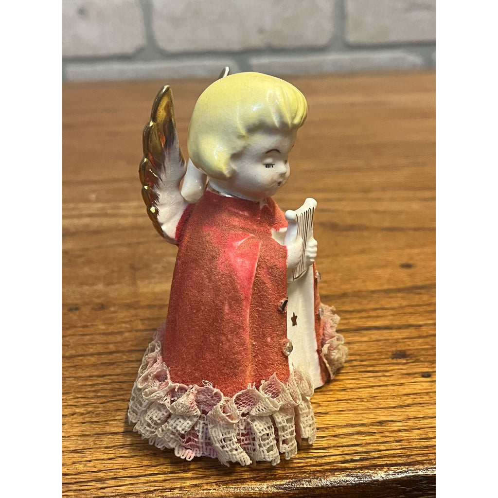 Vintage MCM Japan Ceramic Flocked Robe Christmas Angel w/ Lace - 4" Tall