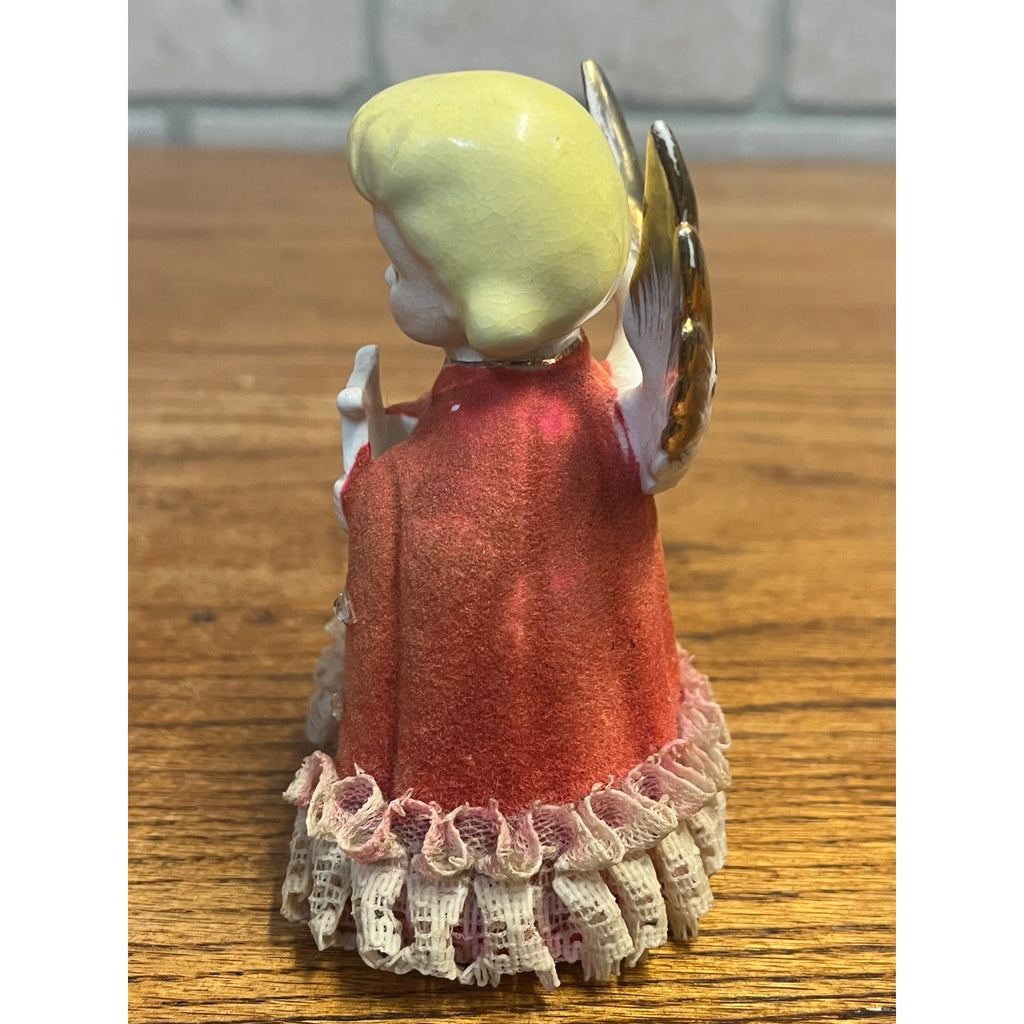 Vintage MCM Japan Ceramic Flocked Robe Christmas Angel w/ Lace - 4" Tall