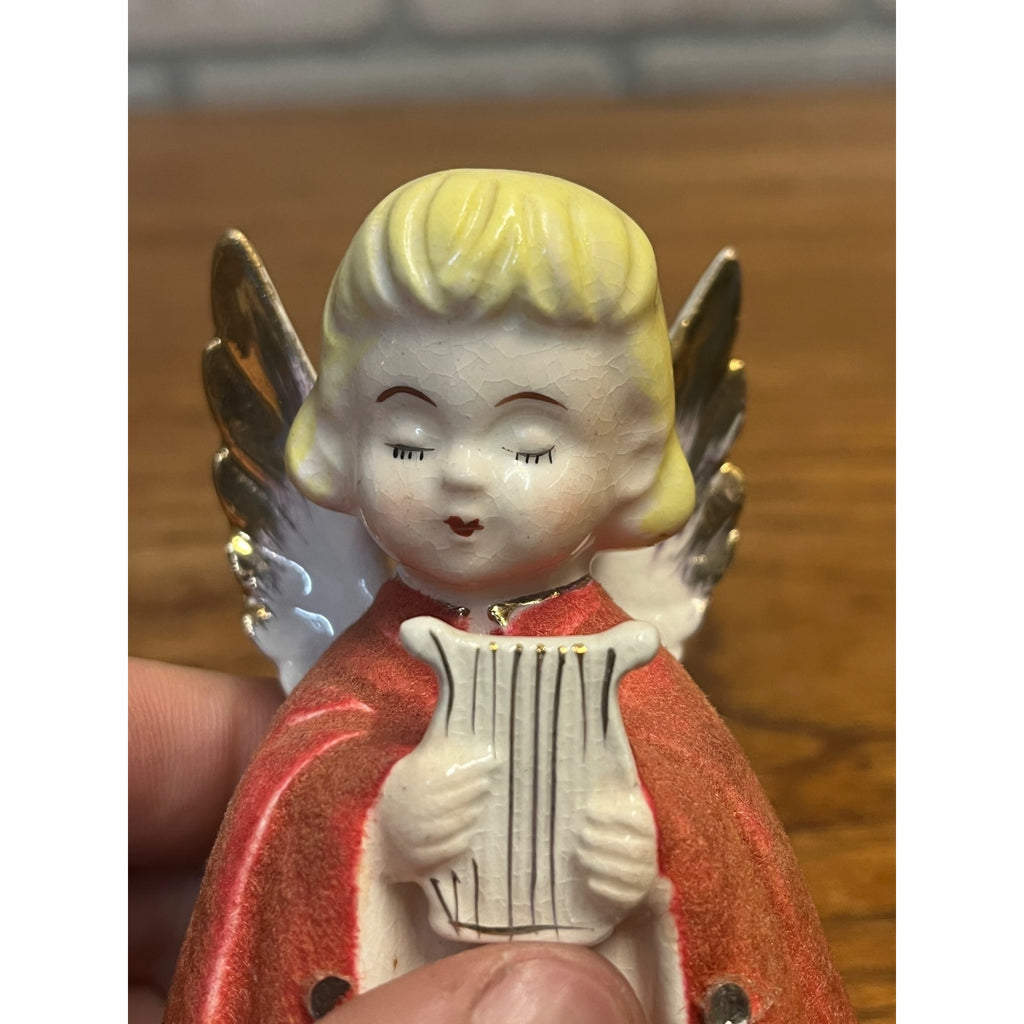 Vintage MCM Japan Ceramic Flocked Robe Christmas Angel w/ Lace - 4" Tall