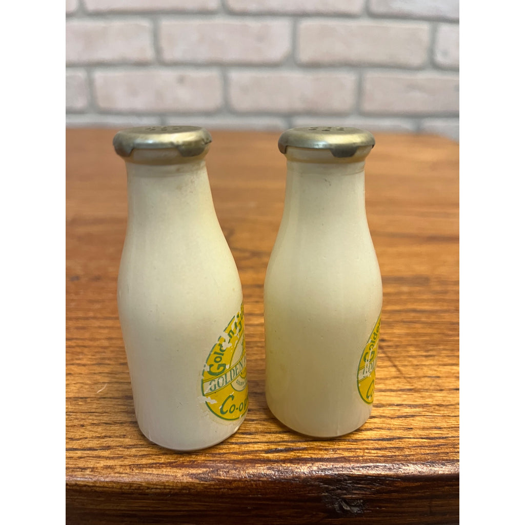 Vintage Golden Guernsey Dairy Miniature Glass Milk Bottle Salt & Pepper Shakers