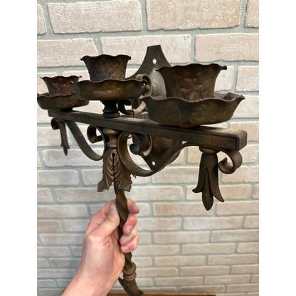 Antique Brass Three Candlestick Holder Wall Sconce Candle Primitive Victorian