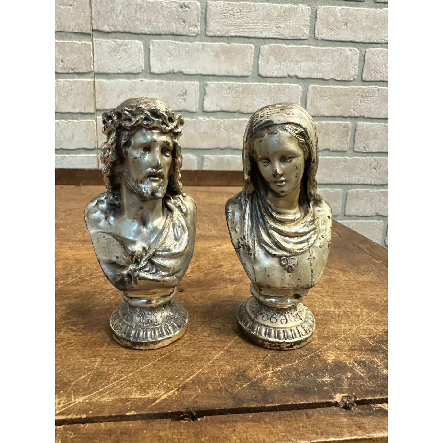 RARE ANTIQUE HEAVY SILVER PLATE METAL BUST OF JESUS & MARY JENNINGS BROS