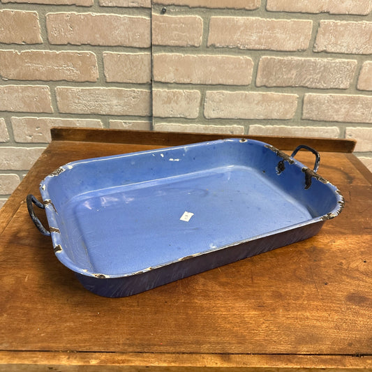 Antique Primitive Blue Swirl Enamelware Baking Dish Pan Vintage Farmhouse