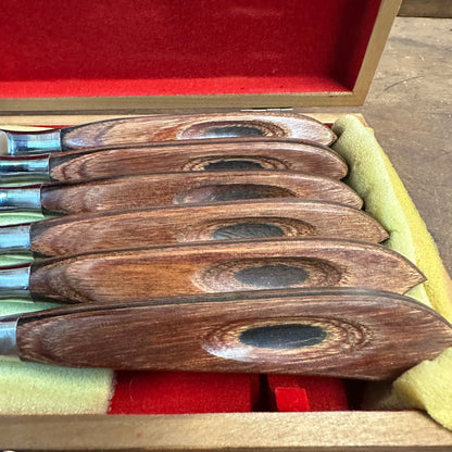 VTG MCM FASHION MANOR CENTURY MODERN WOODEN WOOD 6PC STEAK KNIVES IN BOX NOS