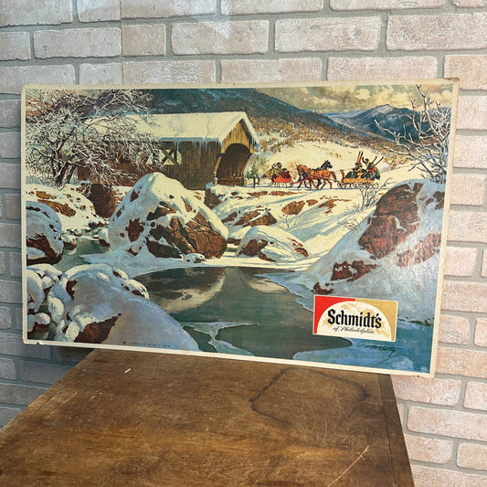 Vintage Schmidt Beer Philidelphia Winter Covered Bridge Scene Cardboard Sign 33"x22"