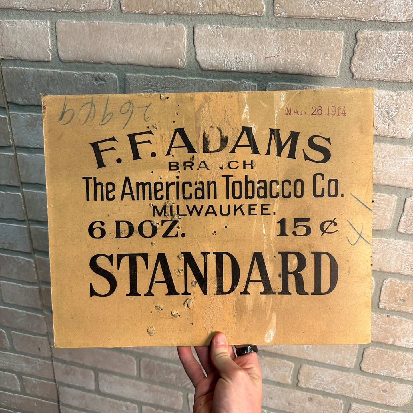 Antique 1914 FF Adams American Tobacco Co Milwaukee scarce cardboard sign