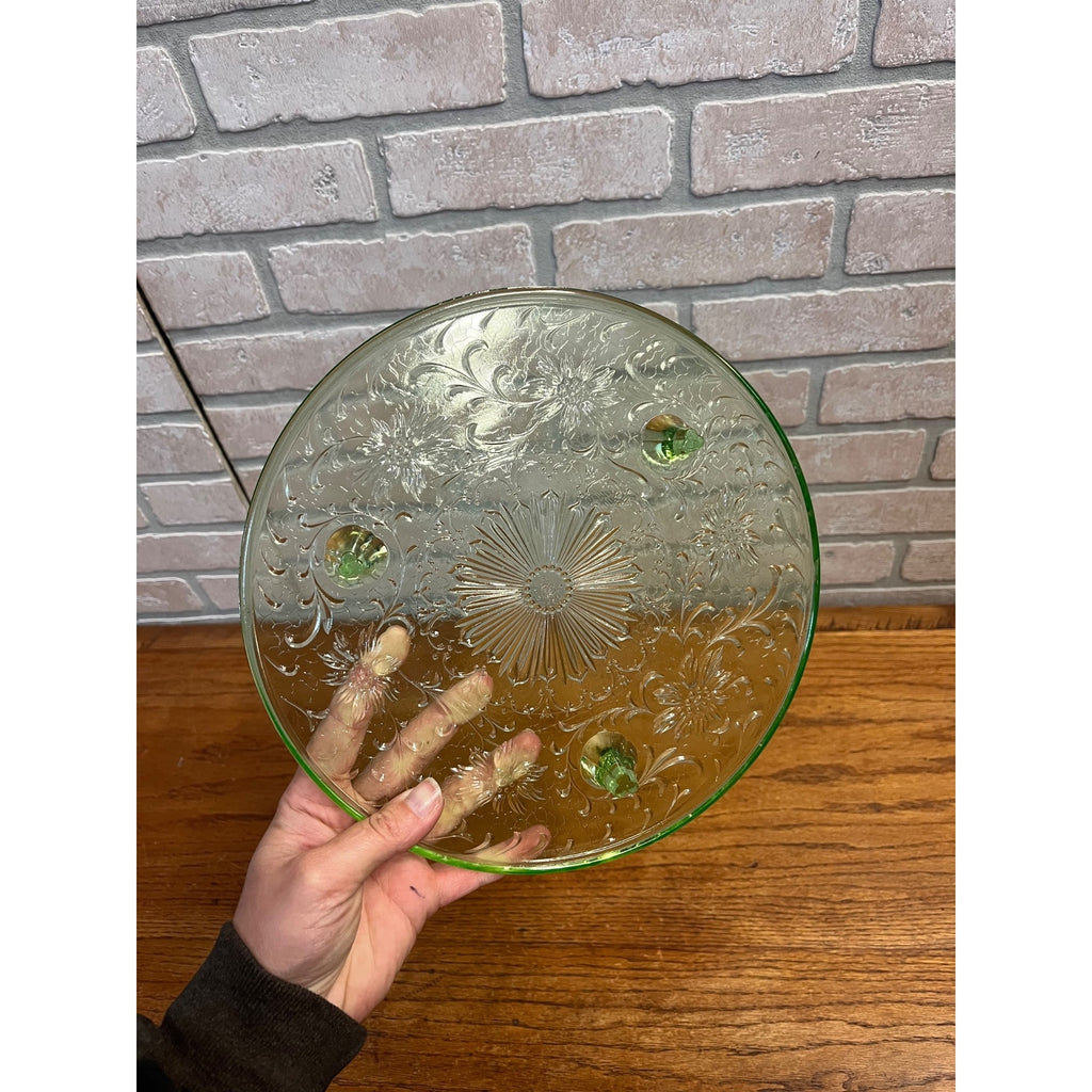 Vintage 1930s Jeannette Sunflower Uranium Glass Green Depression Cake Stand