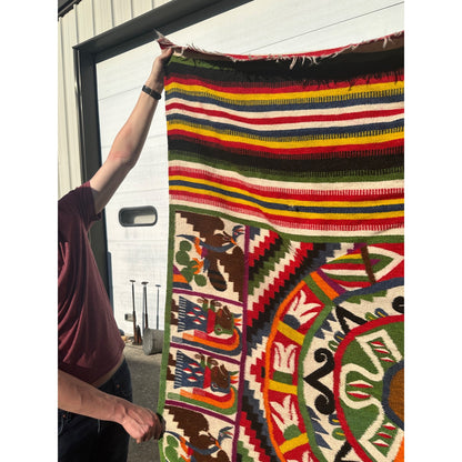 Original 1930s Aztec Mayan Woven Mexican Blanket Multicolor Zapotec Large