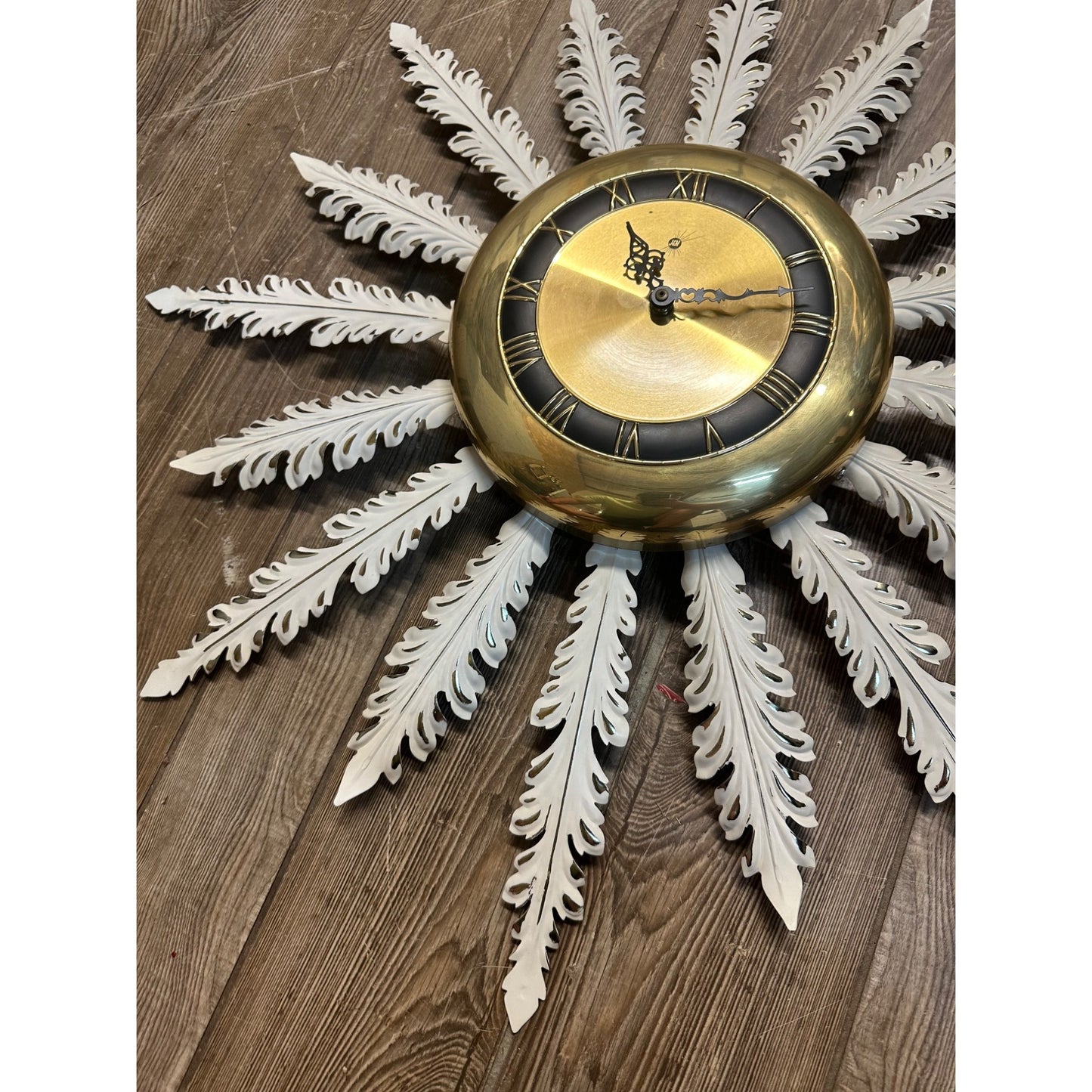 Vintage Mid Century Modern MCM Atomic J&M Retro Wall Clock Starbust Feathers