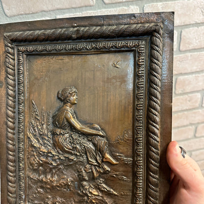 Antique 19th C. Bronze Copper Relief of Woman - 10" by 12.5" - Architectural Wall Panel