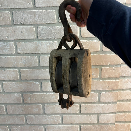 Antique Wooden Block & Tackle Rope Pulley w/ Hook Rustic Steampunk Decor