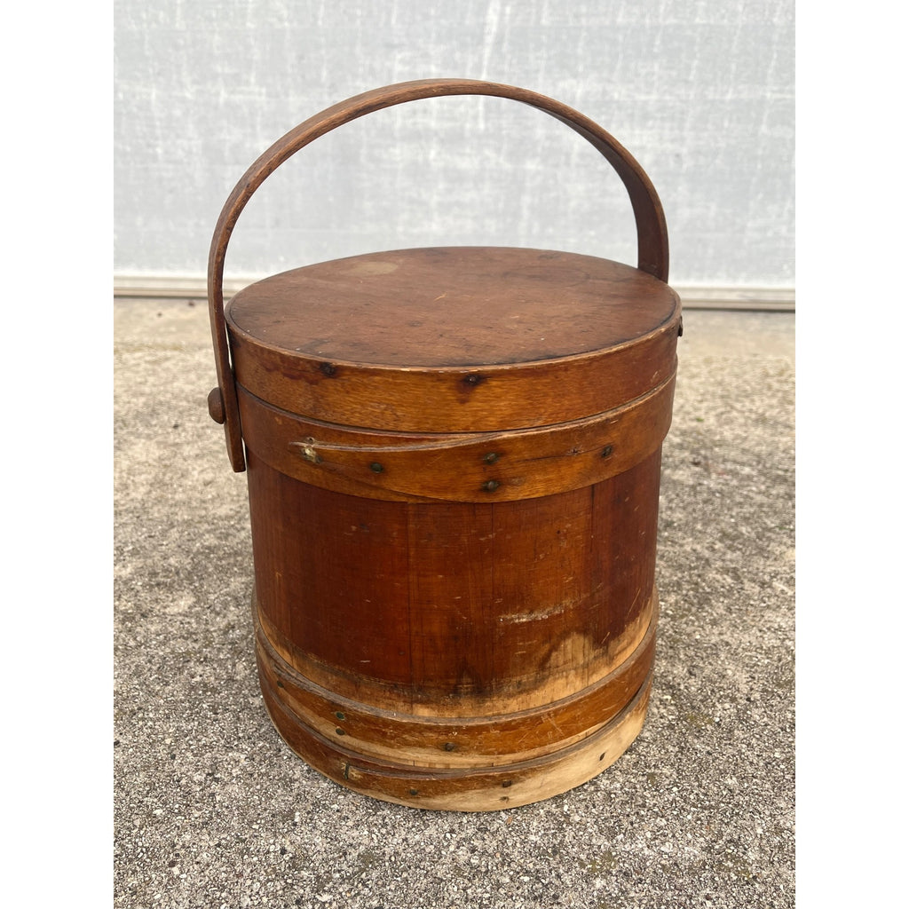 Antique Primitive 19th c. Wooden Firkin Sugar Pail Bucket Lid & Handle Farmhouse