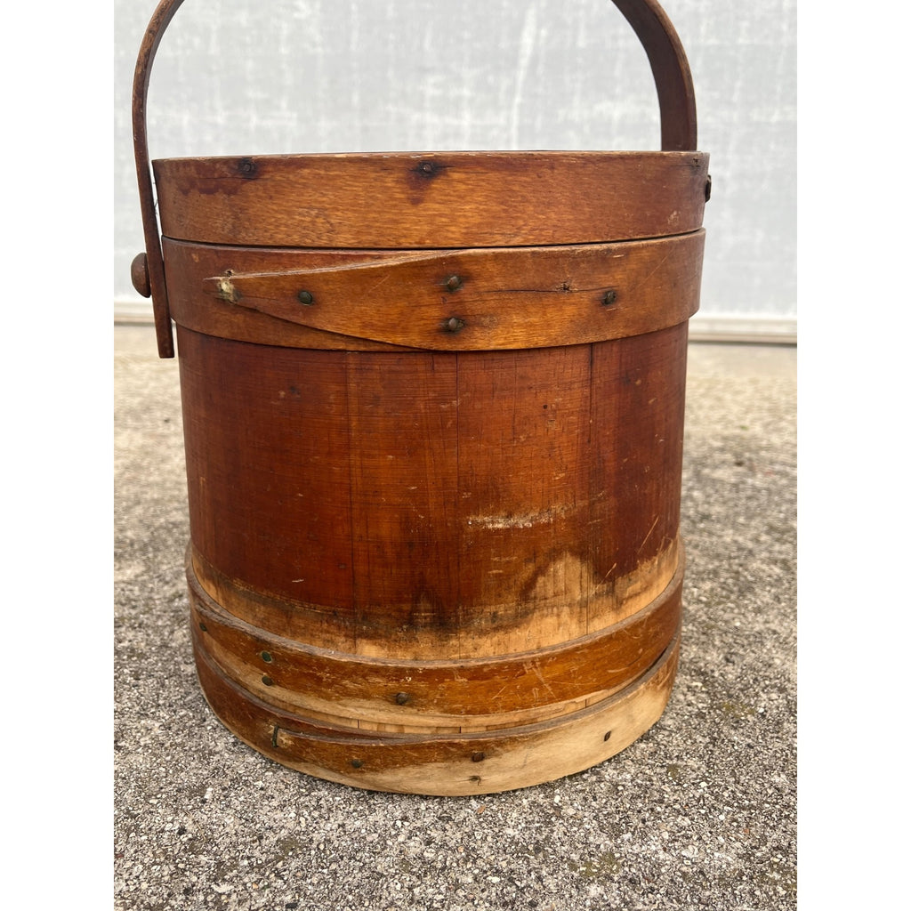 Antique Primitive 19th c. Wooden Firkin Sugar Pail Bucket Lid & Handle Farmhouse