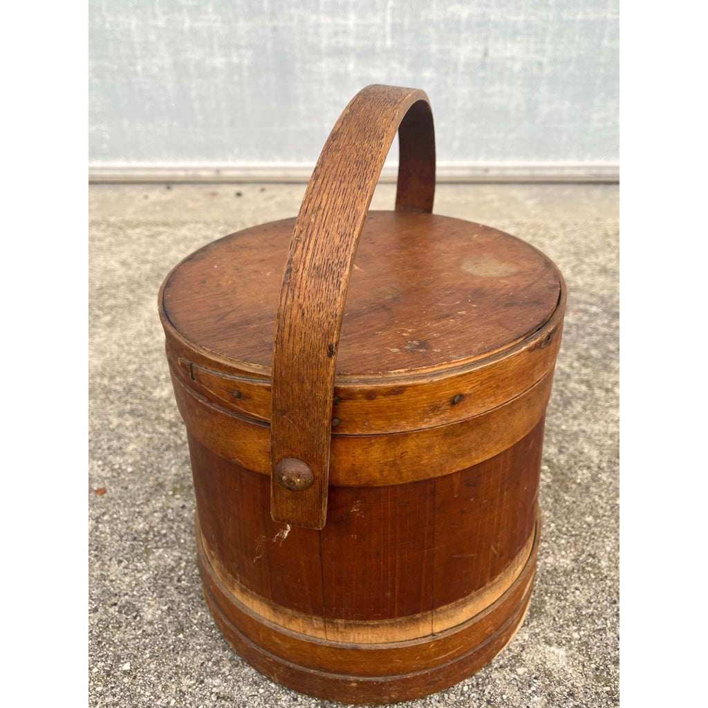 Antique Primitive 19th c. Wooden Firkin Sugar Pail Bucket Lid & Handle Farmhouse