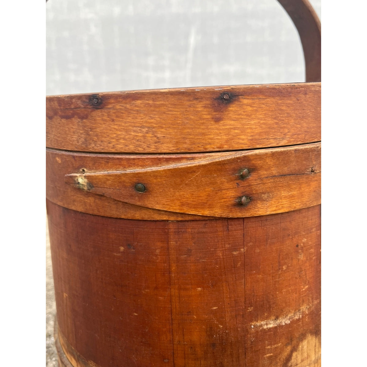 Antique Primitive 19th c. Wooden Firkin Sugar Pail Bucket Lid & Handle Farmhouse