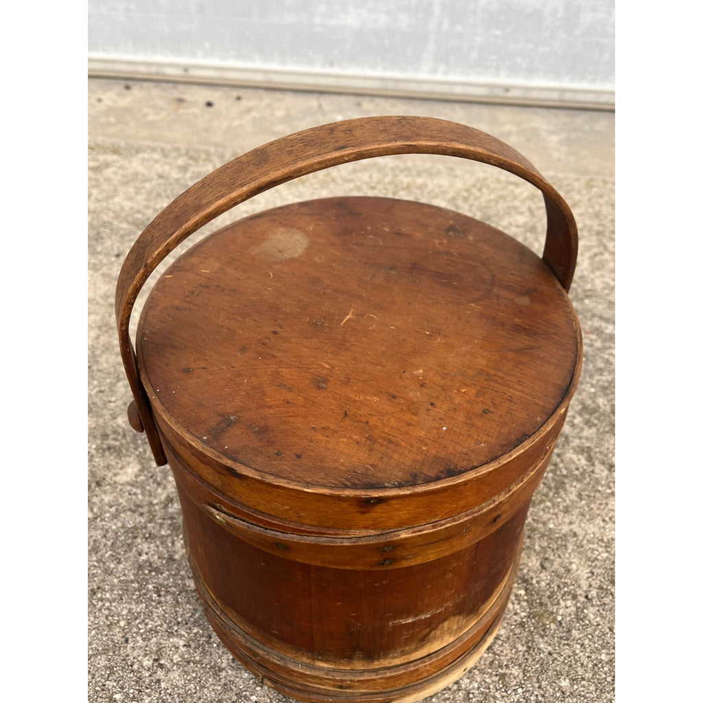 Antique Primitive 19th c. Wooden Firkin Sugar Pail Bucket Lid & Handle Farmhouse