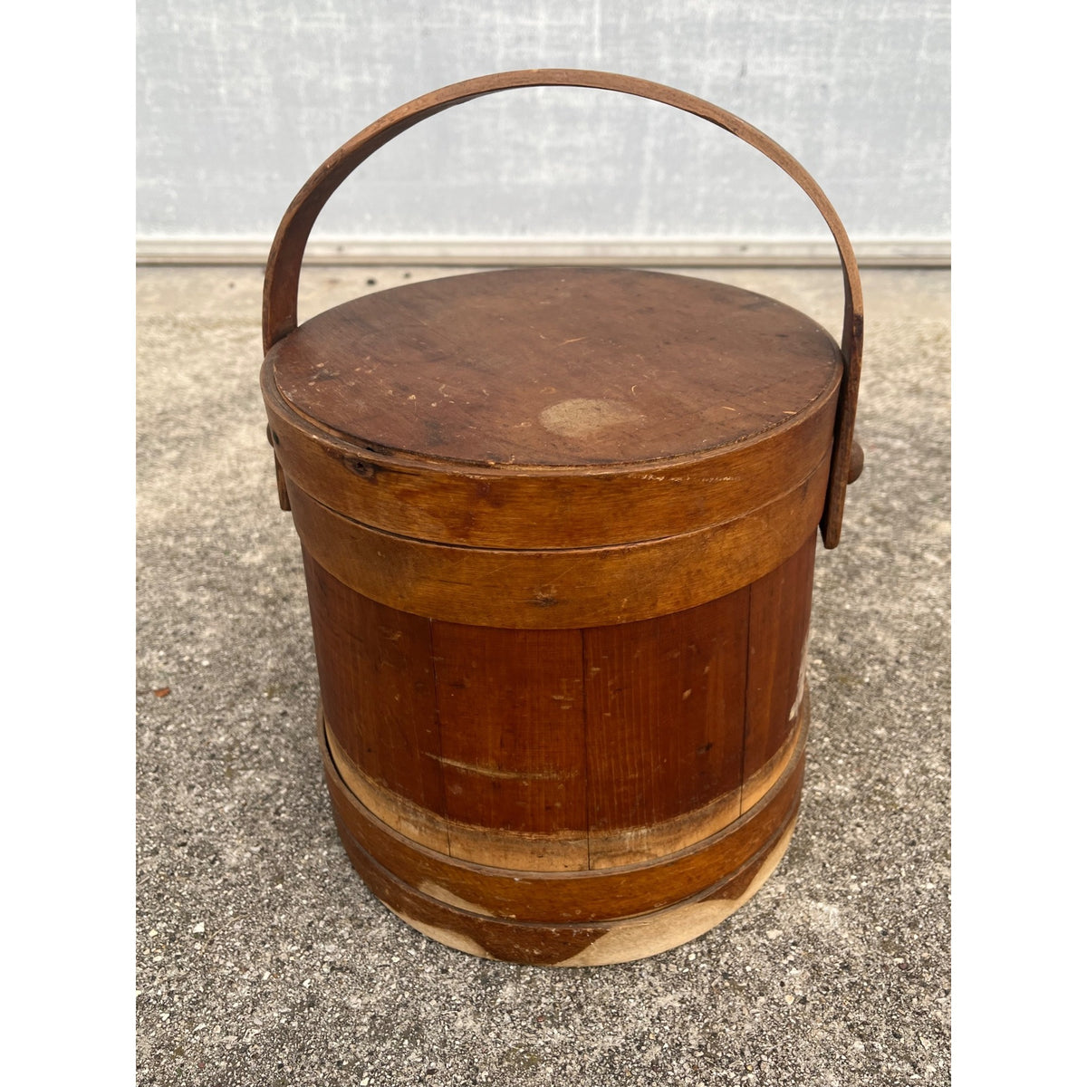 Antique Primitive 19th c. Wooden Firkin Sugar Pail Bucket Lid & Handle Farmhouse