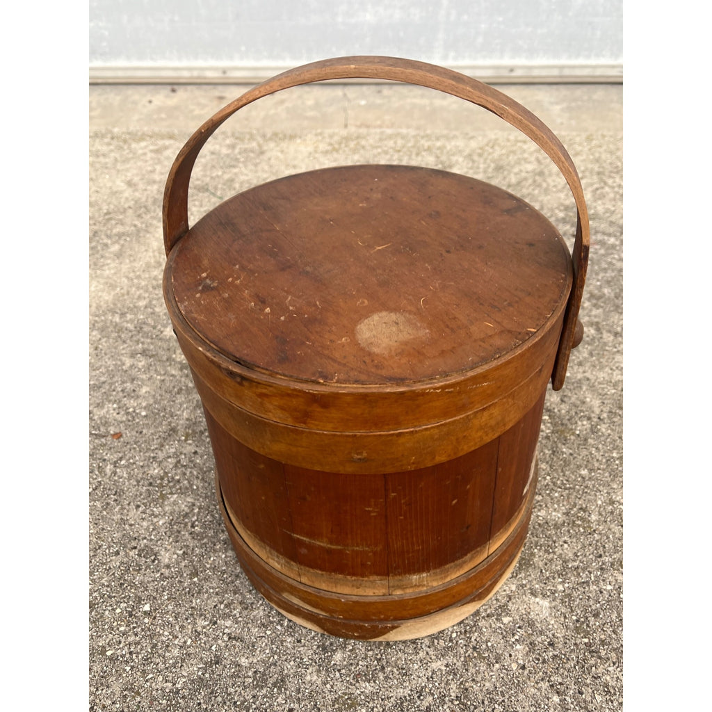 Antique Primitive 19th c. Wooden Firkin Sugar Pail Bucket Lid & Handle Farmhouse