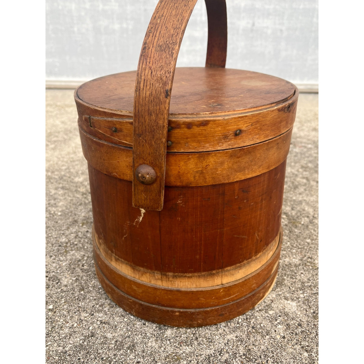 Antique Primitive 19th c. Wooden Firkin Sugar Pail Bucket Lid & Handle Farmhouse