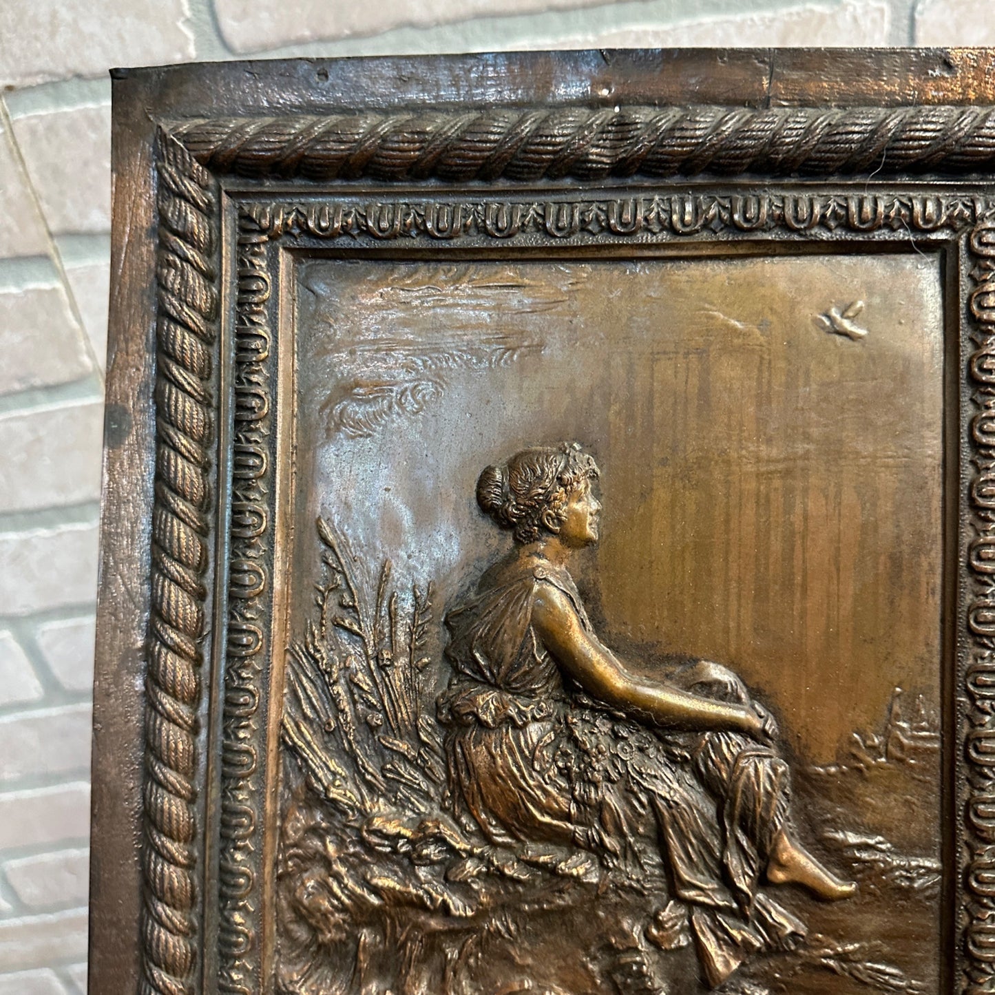 Antique 19th C. Bronze Copper Relief of Woman - 10" by 12.5" - Architectural Wall Panel