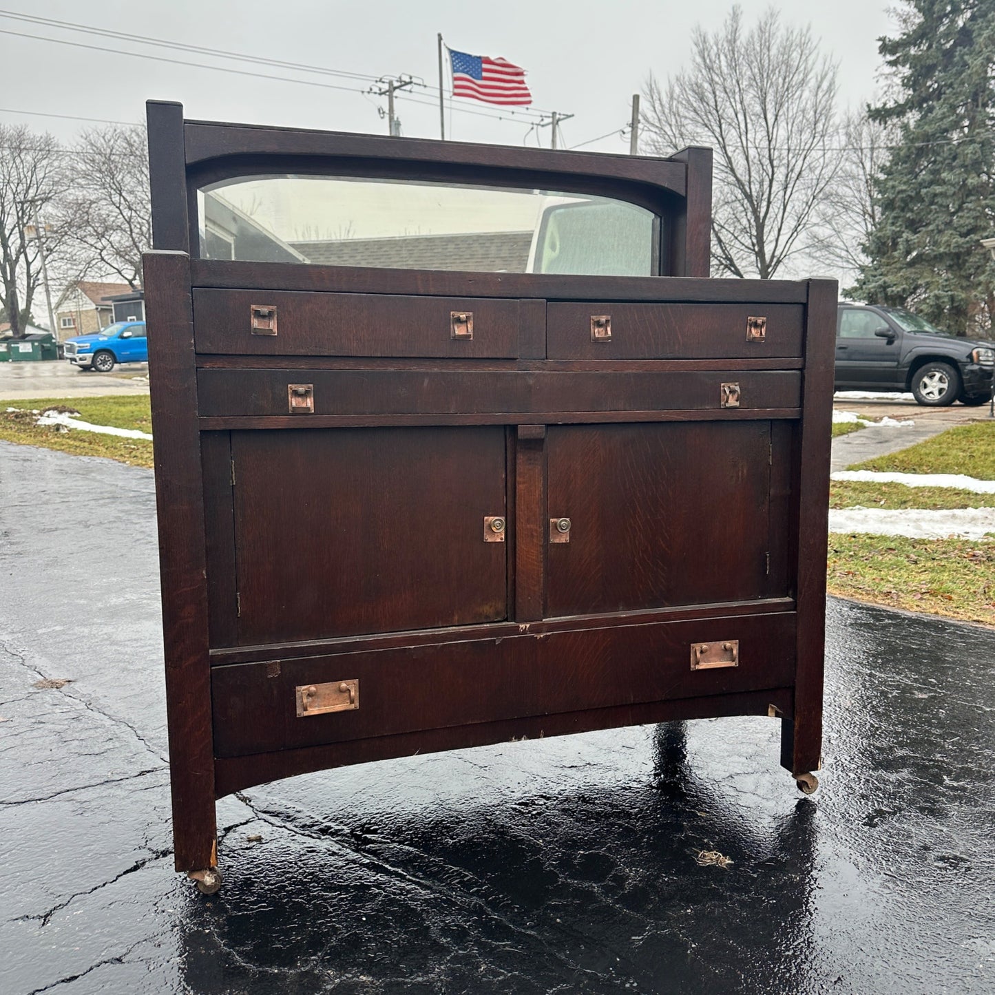 Mission Oak Arts & Crafts Art Deco Buffet Serve Sideboard Cabinet Bar w/ Mirror