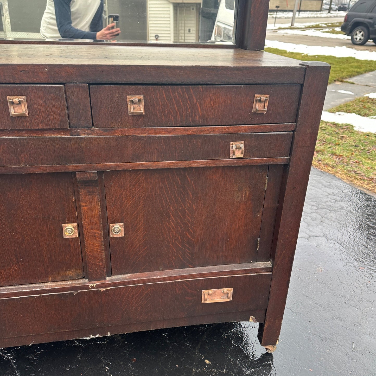 Mission Oak Arts & Crafts Art Deco Buffet Serve Sideboard Cabinet Bar w/ Mirror