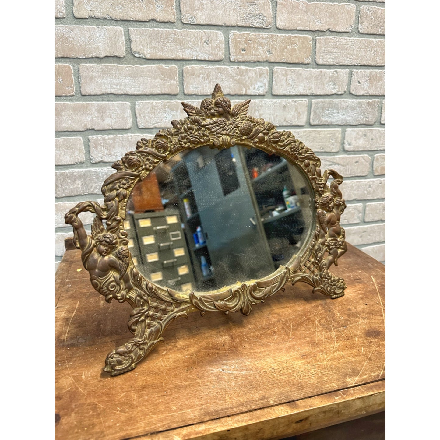 Antique Vintage Cast Iron Victorian Dresser Vanity Mirror w/ Easel Back Cherubs