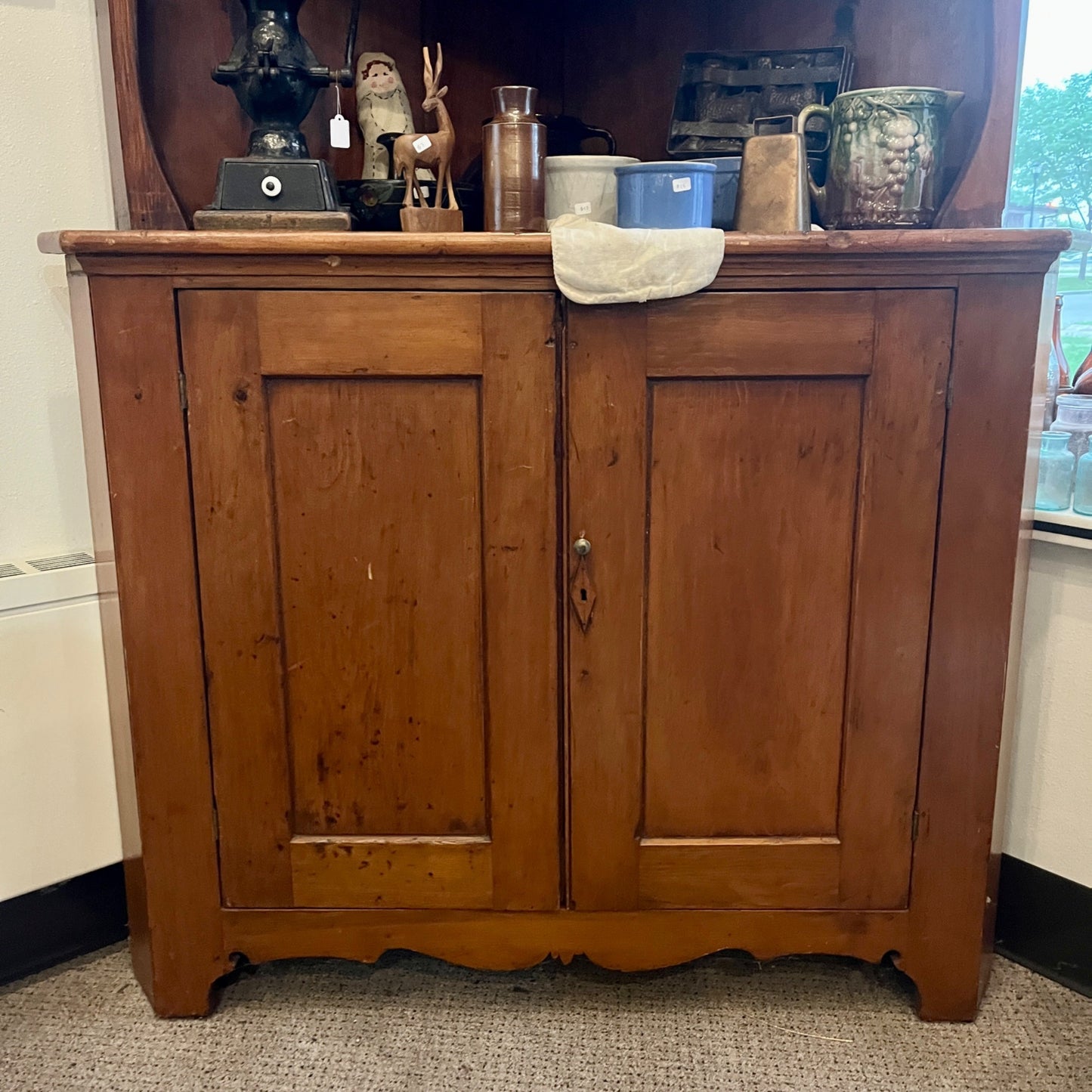 Antique Large Wooden Primitive Corner Cabinet Shelf