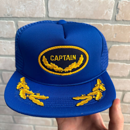 VINTAGE CAPTAIN SNAPBACK HAT MESH TRUCKER CAP GOLD LEAF BLUE BOAT YACHT