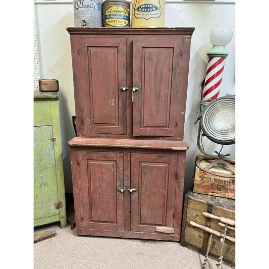 Antique Primitive Red Wooden Stepback Hutch Pantry Cupboard 19th Century