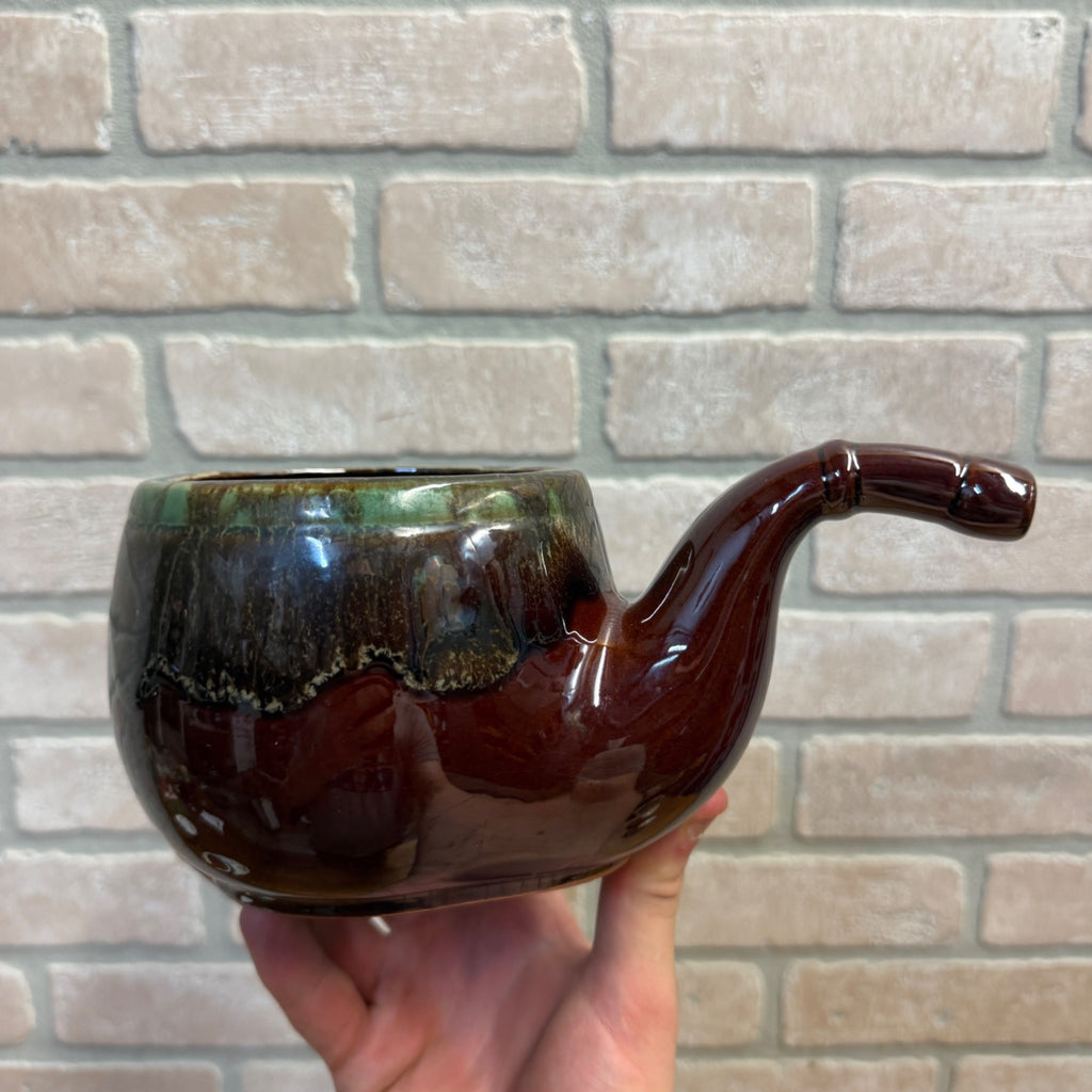 Vintage Smoking Pipe Glazed Ceramic Planter MCM Brown and Green Japan