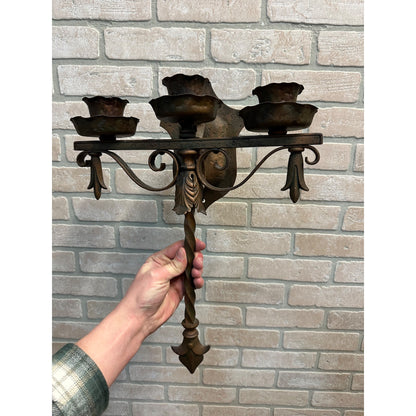 Antique Brass Three Candlestick Holder Wall Sconce Candle Primitive Victorian
