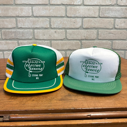 (2) LIND ELECTRIC STEVENS POINT WIS GREEN THREE STRIPE RETRO SNAPBACK HAT