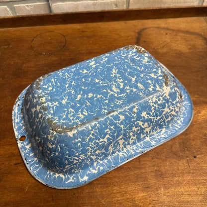 Antique Primitive Blue Swirl Enamelware Baking Casserole Dish Pan Vintage Farmhouse