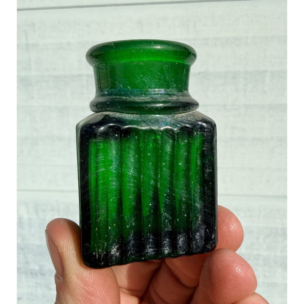 Antique 19th c. Green Ribbed Glass Poison Bottle Jar Small 2.5" Miniature