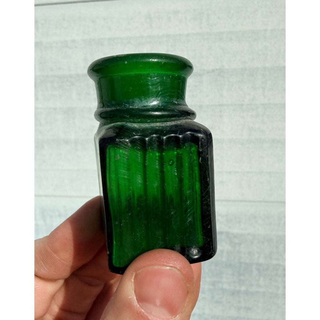 Antique 19th c. Green Ribbed Glass Poison Bottle Jar Small 2.5" Miniature