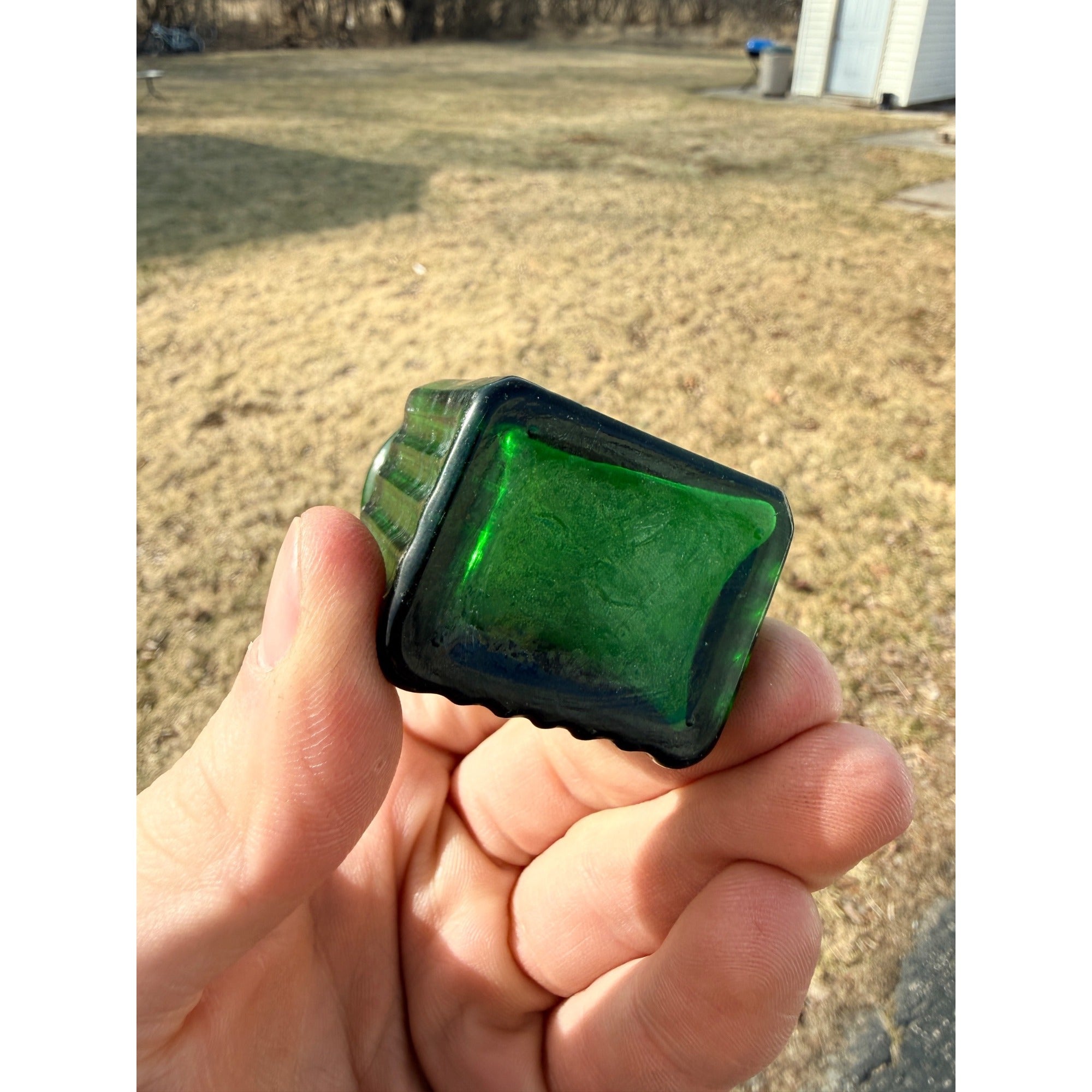 Antique 19th c. Green Ribbed Glass Poison Bottle Jar Small 2.5" Miniature