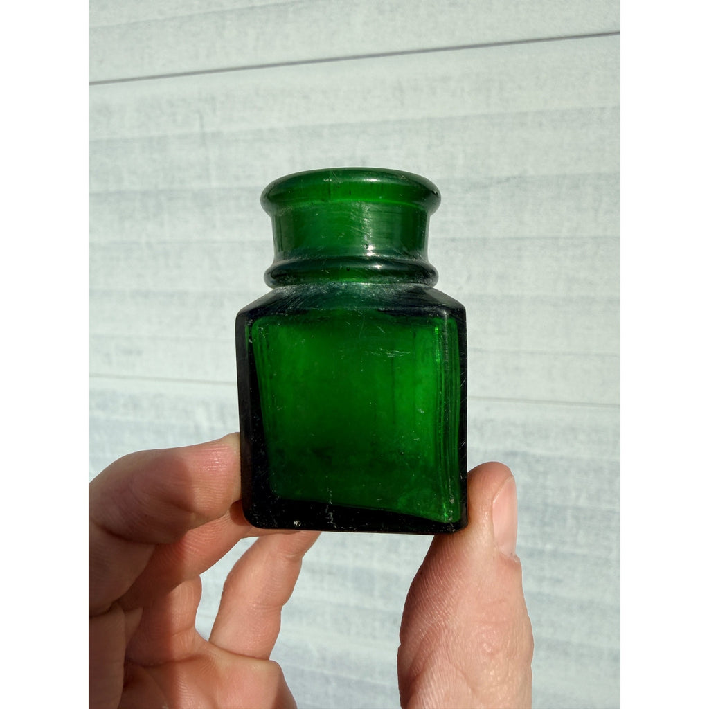 Antique 19th c. Green Ribbed Glass Poison Bottle Jar Small 2.5" Miniature