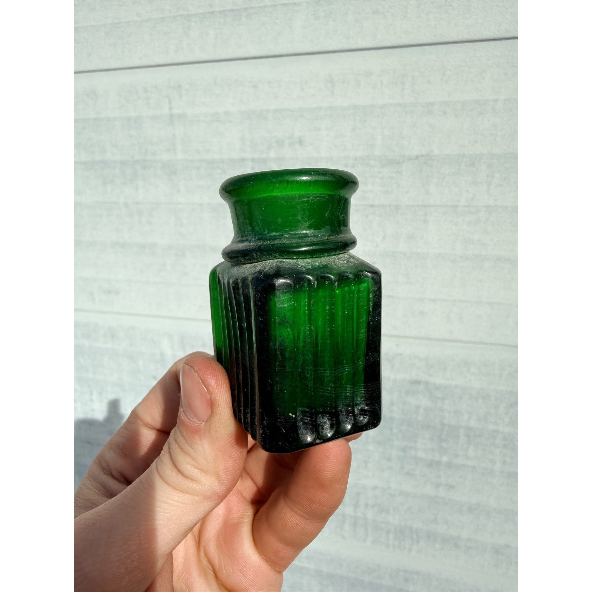 Antique 19th c. Green Ribbed Glass Poison Bottle Jar Small 2.5" Miniature