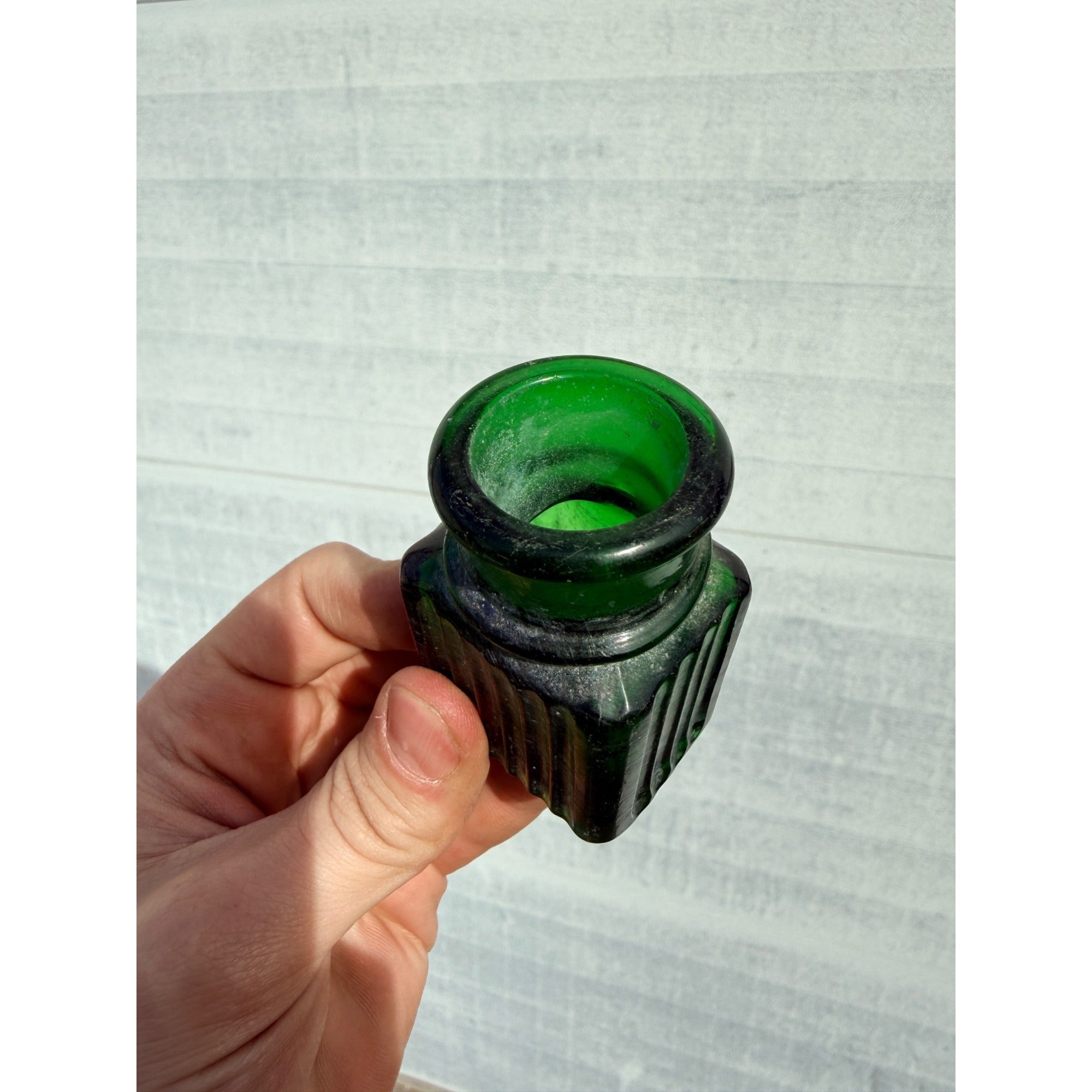 Antique 19th c. Green Ribbed Glass Poison Bottle Jar Small 2.5" Miniature