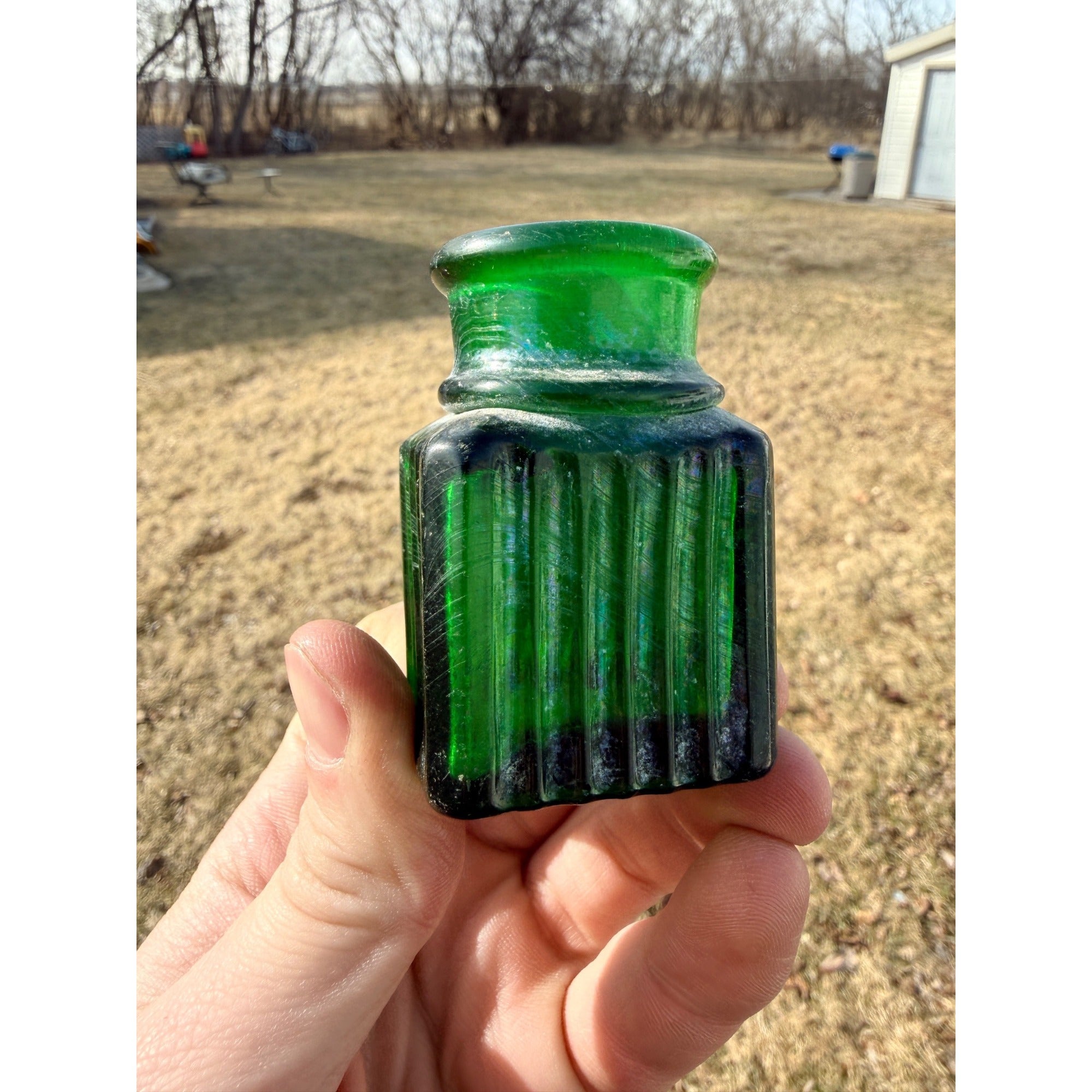 Antique 19th c. Green Ribbed Glass Poison Bottle Jar Small 2.5" Miniature
