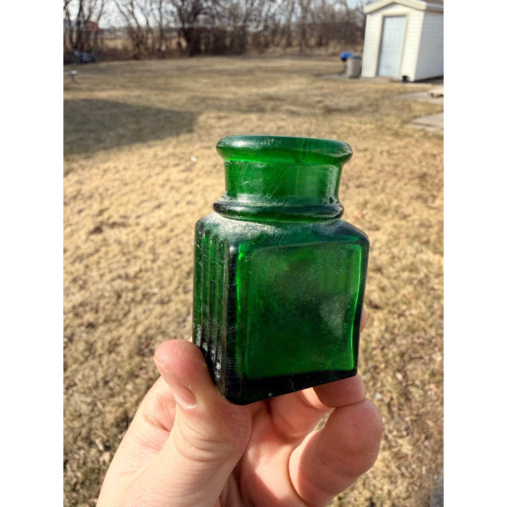 Antique 19th c. Green Ribbed Glass Poison Bottle Jar Small 2.5" Miniature