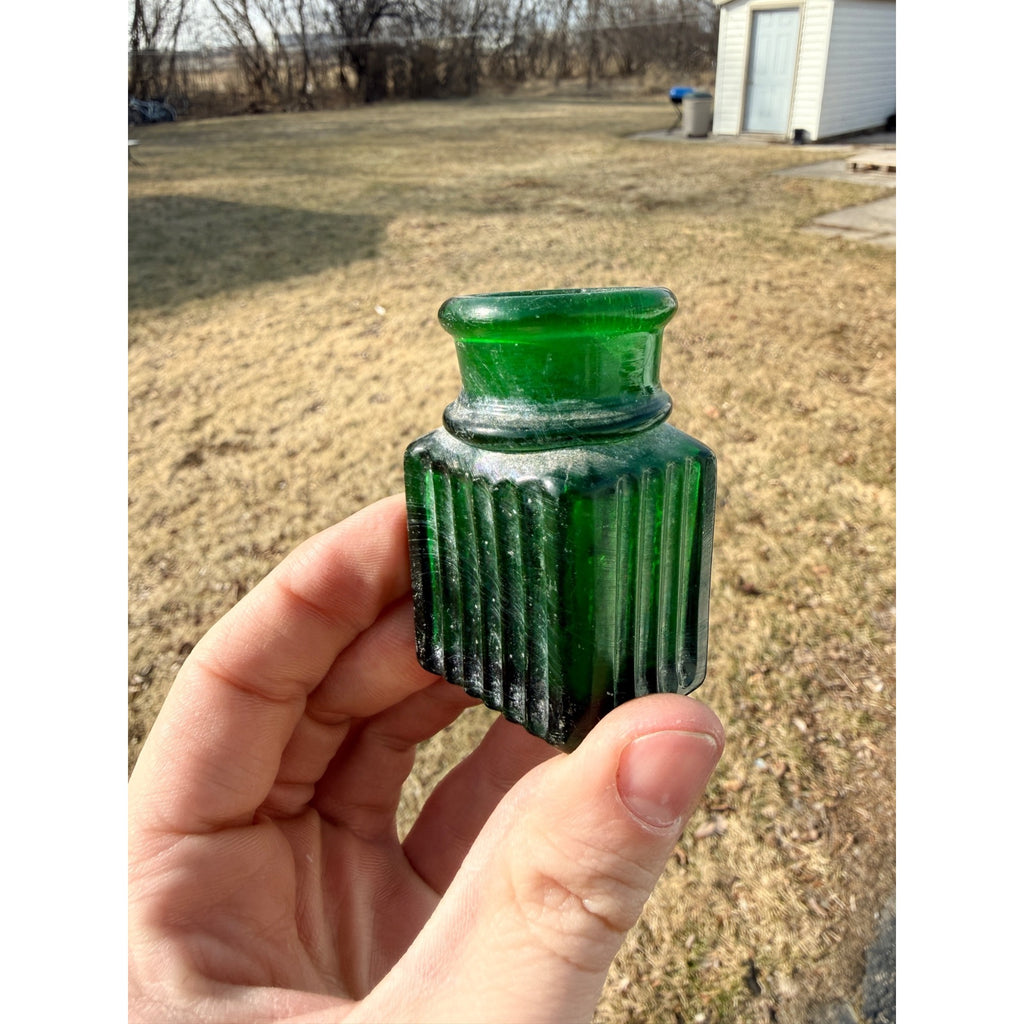 Antique 19th c. Green Ribbed Glass Poison Bottle Jar Small 2.5" Miniature