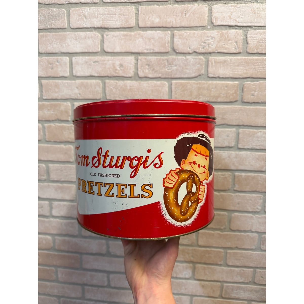 Vintage Tom Sturgis Pretzel Tin Can Canister with Lid Reading PA Advertising