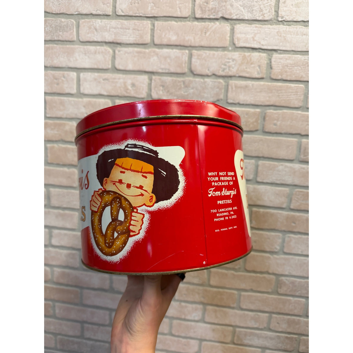 Vintage Tom Sturgis Pretzel Tin Can Canister with Lid Reading PA Advertising